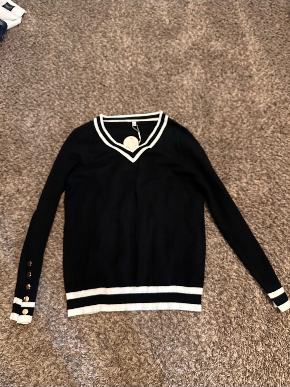 Black V-Neck Sweater with White Trim - Women's